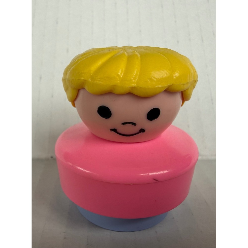Vintage 1990 Fisher-Price Little People Girl Blonde Bun Pink Shirt Blue Base Toy